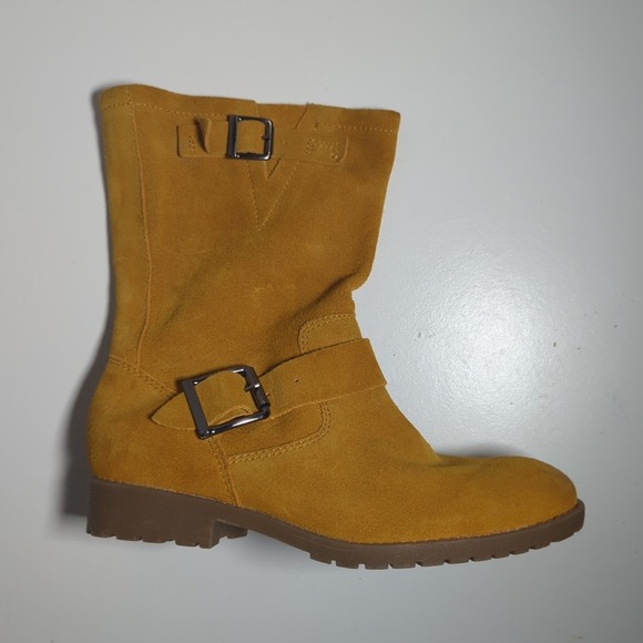 New Sam Libby Edelman Yellow Mustard Suede Boots Buckle Moto Mid Calf 6.5 Slough - Picture 7 of 8